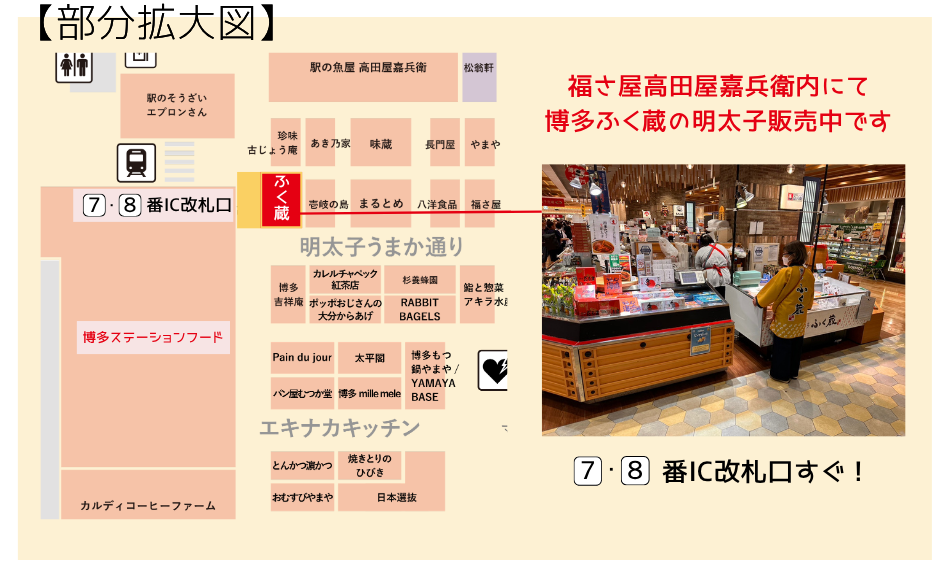 Part of a floor map showing stalls in a market district; on the right is a photo of a wooden counter with shoppers and bold red Japanese text advertising the shop, plus a nearby label '7・8 番IC改札口すぐ！'